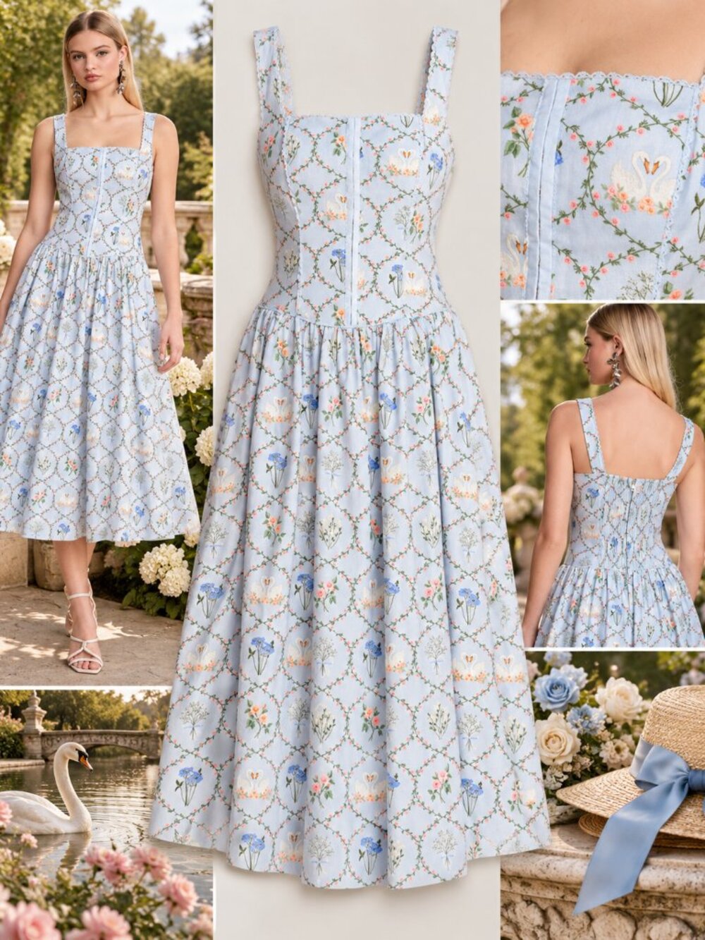 Avec Les Filles Blue Swan Floral Corset Midi Dress Size 12 NWT